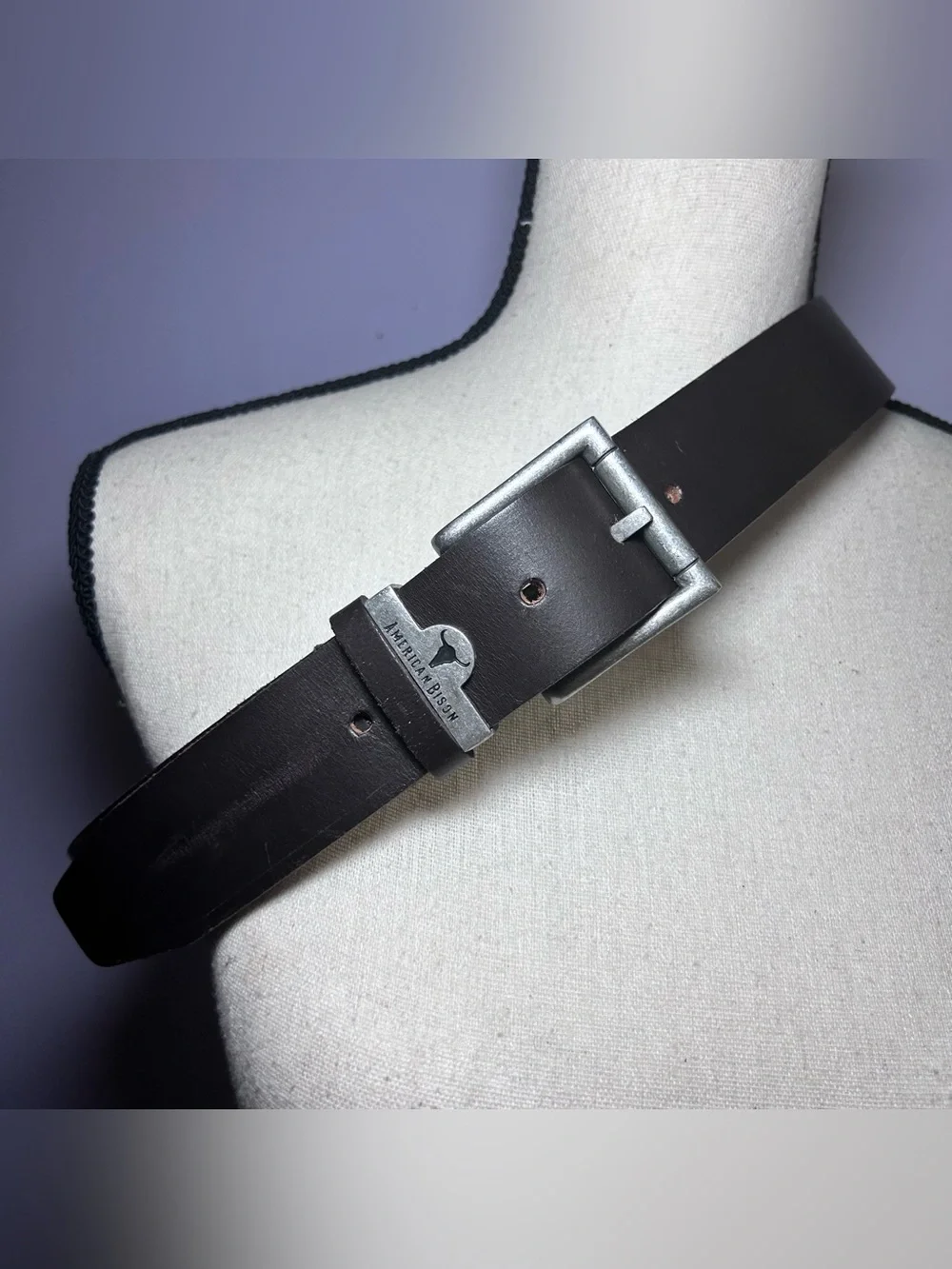 American Bison Dark Brown Leather Belt Men’s 34 Silver Hardware Excellent